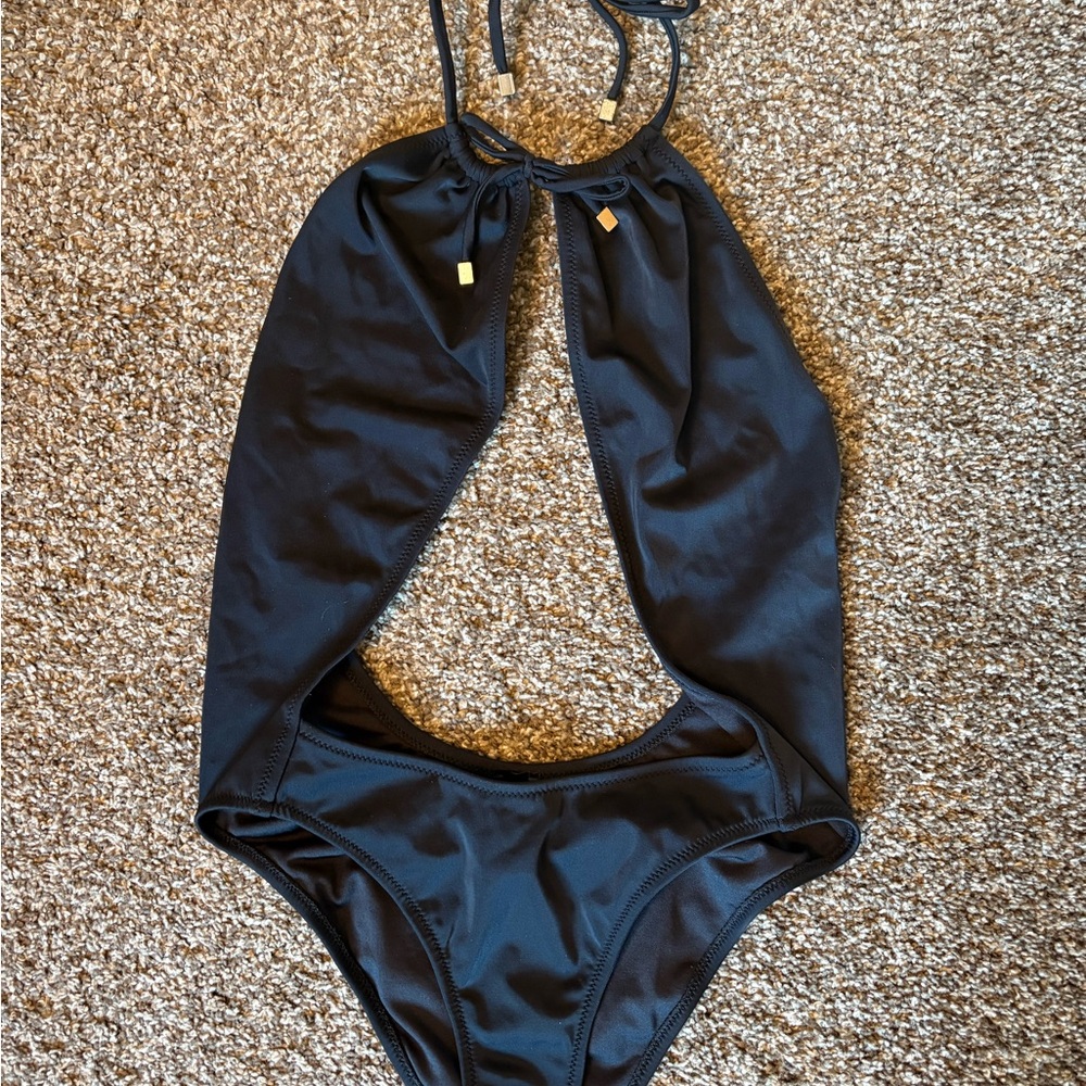 Halter Style Plumeria Black Swimsuit